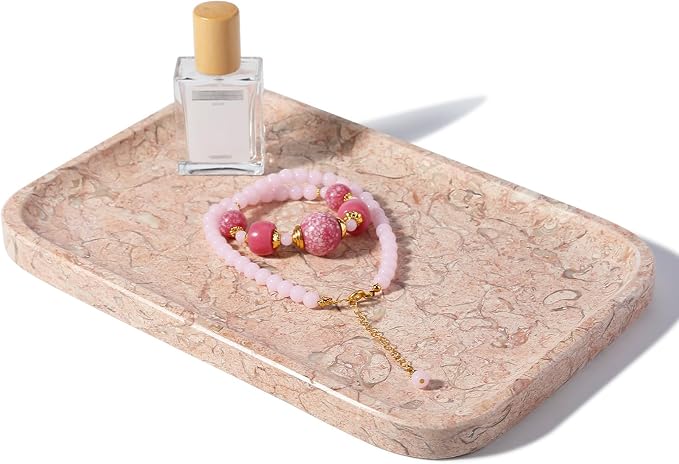 Marble Tray, 12"x8" Natural Marble Vanity Tray for Countertop Bathroom Kitchen Dresser, Decorative Catchall Trays for Perfume Jewelry, Rectangular Stone Serving Tray(Pink)