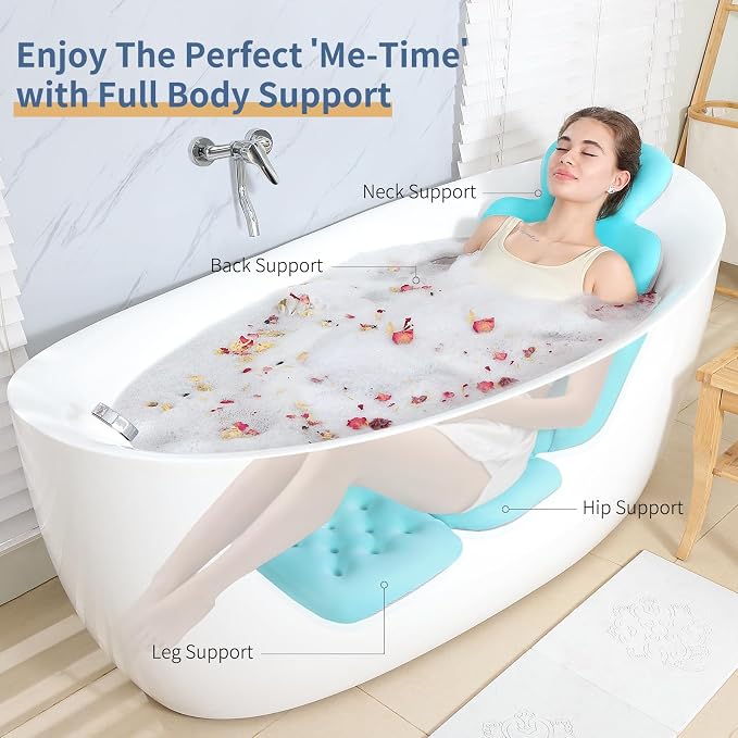 Luxury Bath Cushion, Full Body Bathtub Pillow with 160 Suction Cups, Bath Mat for Head and Neck Support, with Laundry Bag (Blue, 51" x 16")