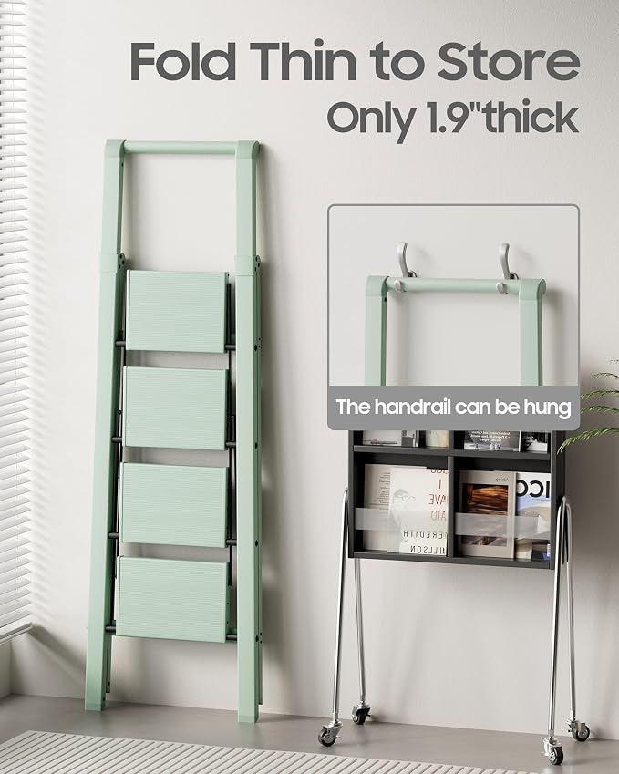 HillhutApex Aluminum 4 Step Ladder, Step Stool Foldable Ladder(Pale Green) | Stepladder with Handgrip,Anti-Slip Pedals,330lbs Capacity,Lightweight Portable Folding Ladder for Home,Office,Libaray