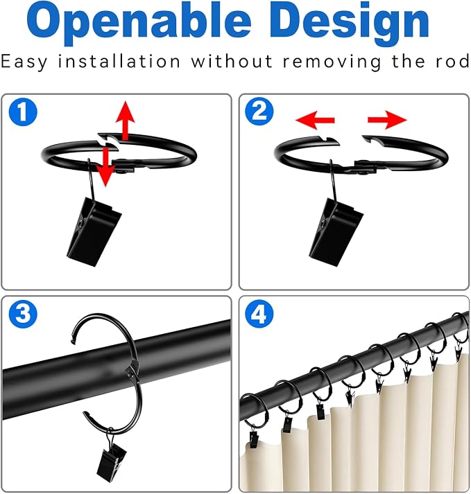 40 Pack 1.5 Inches Openable Curtain Rings with Clips | Drapery Metal Clip Iron Drapes Hangers Decorative for Windows Rods Rustproof, Black