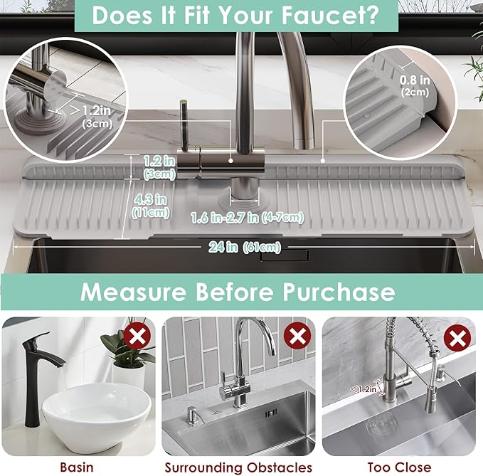 24-Inch Silicone Faucet Mat for Kitchen Sink Splash Guard, 7° Slope | 24"x5.5" water draining mat with fasten button; 1.6-2.75" customizable hole for bathroom, RV & kitchen sink drip catcher.