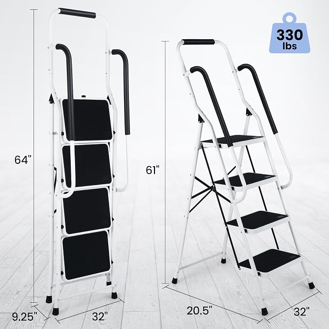 Step Ladder 4 Step Folding with Handrails, Folding Step Stool with Wide Anti-Slip Pedal, Sturdy Steel Portable Ladder, Lightweight Step Stool Foldable for Library Home Garage Office