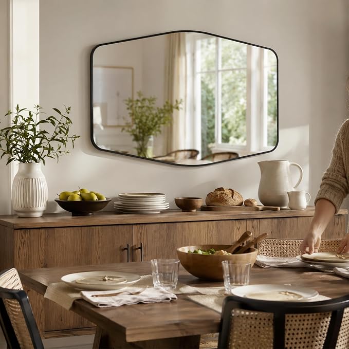 Matte Black Tapered Rectangle Bathroom Mirror, 24x36 Inch | Aluminum alloy frame, tempered glass, two-way keyhole mount, for bedroom, hallway, console