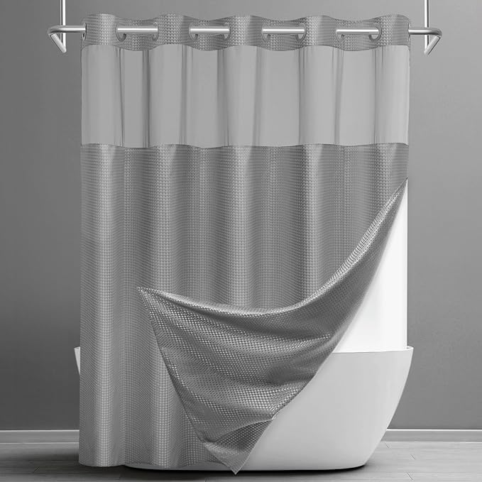 SORTTO No Hook Shower Curtain with Snap in Liner Set Waffle Shower Curtain for Bathroom Hotel Style Fabric Waterproof Inner Liner，71" W x 92" H, Grey
