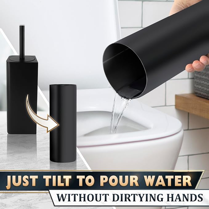 Black Toilet Brush and Holder Set, Stainless Steel Material (Black) | Toilet Bowl Brush and Holder, Squircle Bowl Shape and Removable Inner Bowl, Dense Bristles, Long Handle, Scratch Resistant