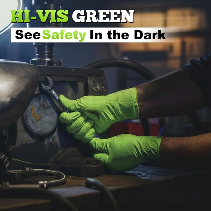 Heavy Duty Industrial Nitrile Gloves with Raised Diamond Texture, 8-mil, Latex Free (Green/Dark Green/Yellow)