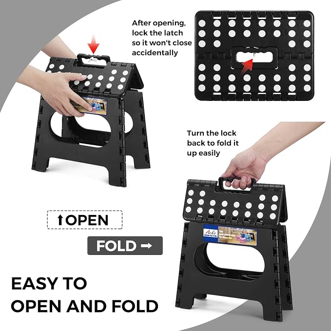 ACKO 11" Folding Step Stool for Kids, Non-Slip Foldable Step Stools, Black | Heavy Duty Collapsible Foot Stool, Lightweight with Built-in Handle, Holds 300 lb for Adults Kitchen Bathroom Bedroom Outdoor