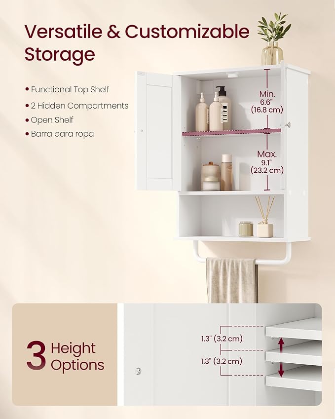 VASAGLE Siren Collection Bathroom Wall Cabinet, Hanging Storage | Bathroom storage cabinet, towel rod, farmhouse, adjustable shelf, doors, 7.9 x 17.7 x 23.6 Inches, UBBK148WB01S