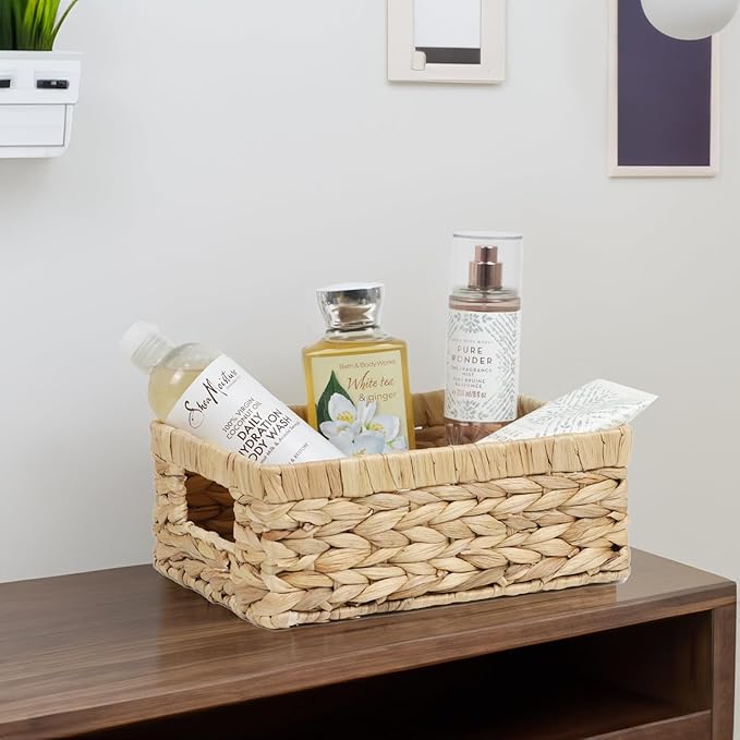 Wicker Baskets, Water Hyacinth Baskets for Organizing, Rattan Woven Baskets | Organizer Bins with Built-in Handles, Rectangular Storage Baskets for Shelves, Closet and Bathroom Organizer