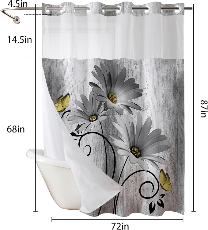 Hookless Shower Curtain with Snap in Liner, Grey No Hook Shower Curtains for Bathroom，Shower Curtain and Liner Set for Bathroom Decor,Waterproof & Washable,72W x 87L Inch