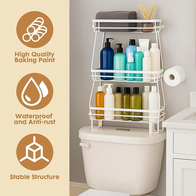 ShellKingdom Over The Toilet Storage Shelf, 3 Tier Toilet Paper Holder Rack | Punch-Free Bathroom Storage Rack with 2 Hooks, Small Space Organizers for Bathroom, Home, White