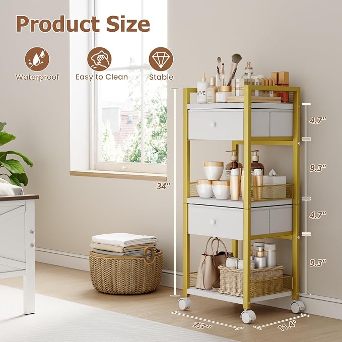Flycity Makeup Organizer Cart with Drawers, 5 Tiers Rolling Makeup Cart, Floor Skincare Organizers, Vanity Organizer Storage with Wheels Cosmetic Display Cases for Skin Care Perfume Nail Polish, Gold