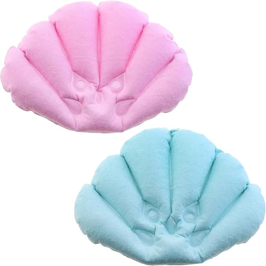 2PCS Shell Shaped Inflatable Towel Bath Pillow with Suction Cups Soft and Comfortable Cushion Neck Support