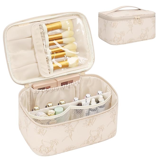 Makeup Bag for Women - Travel Cosmetic Organizer with Brush Slot & Divider, Large Capacity Toiletry Bag for Girls, Travel Makeup Case for everyday Make up Accessories -Beige floral
