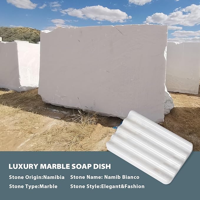 African Natural Marble Soap Dish for Shower, Stone Soap Tray for Bathroom, Bar Soap Holder for Sink, Stripe Grooves Soap Saver Stone Dish Keep Bars Dry Easy Clean (Namib Bianco)