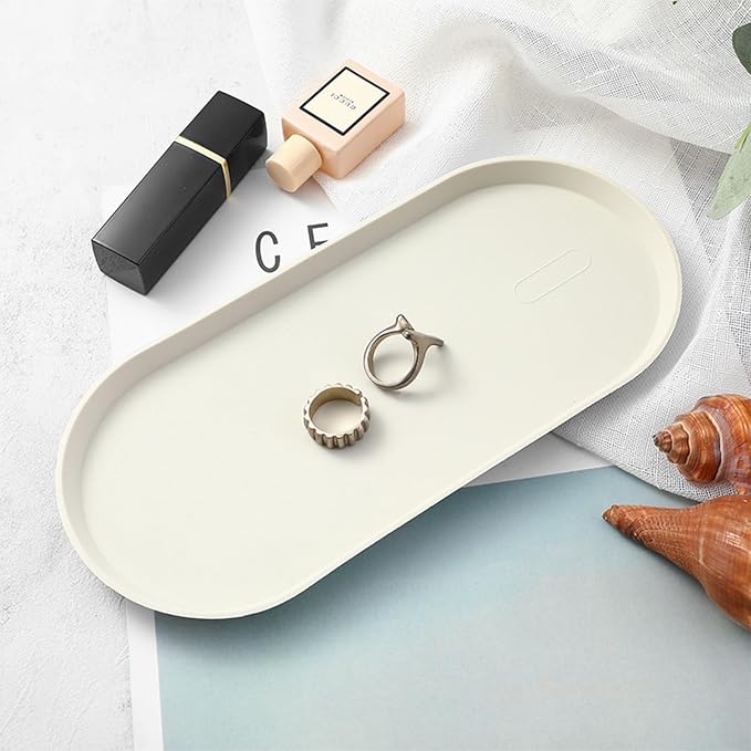 Silicone Vanity Tray, White, 8.66" x 3.94", White | Waterproof, Non-Slip, Organizer for Bathroom Counter, Kitchen Sink & Jewelry