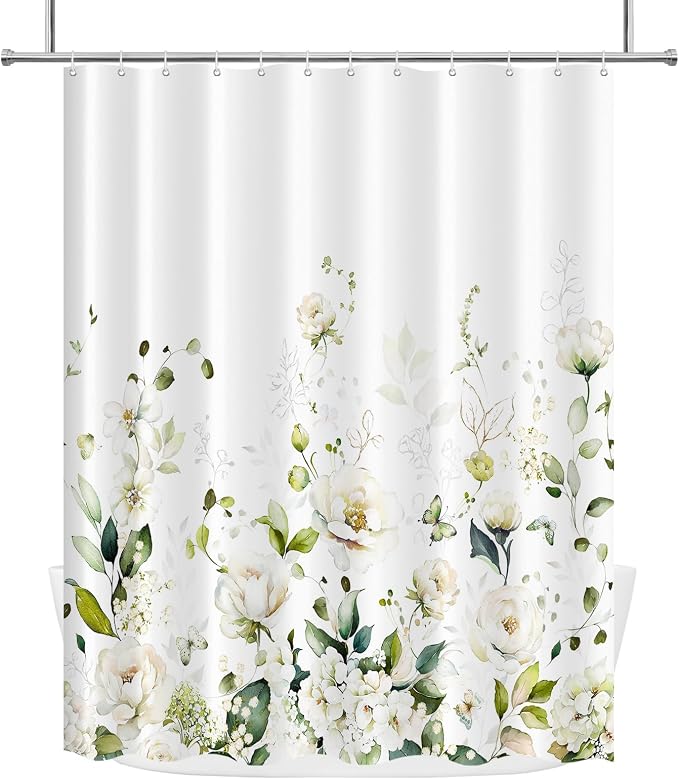 Tititex Blomming Bright White Cream Floral Shower Curtain, Watercolor Green Leaves Plant Bathroom Decoration Shower Curtain Sets 71x71 Inch with Hooks