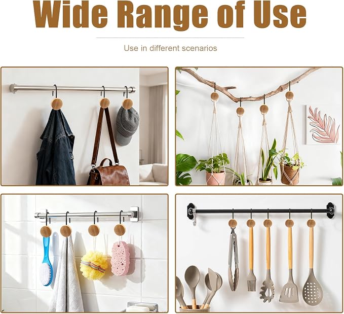 Shower Curtain Hooks, Wood Decorative Shower Curtain Rings, Modern Round Log Shower Curtain Hangers, 12PCS Shower Hooks for Shower Curtain Rod, Bedroom, Living Room (Black 1)
