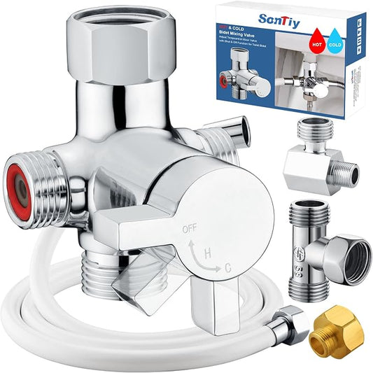 SonTiy Hot and Cold Bidet Mixing Valve Kit, Upgrade Brass 4 Way Warm Bidet T-adapter valve for Handheld Toilet Sprayer Seat Bidet Attachment with Two Tee Connector and 79inch Shower Hose