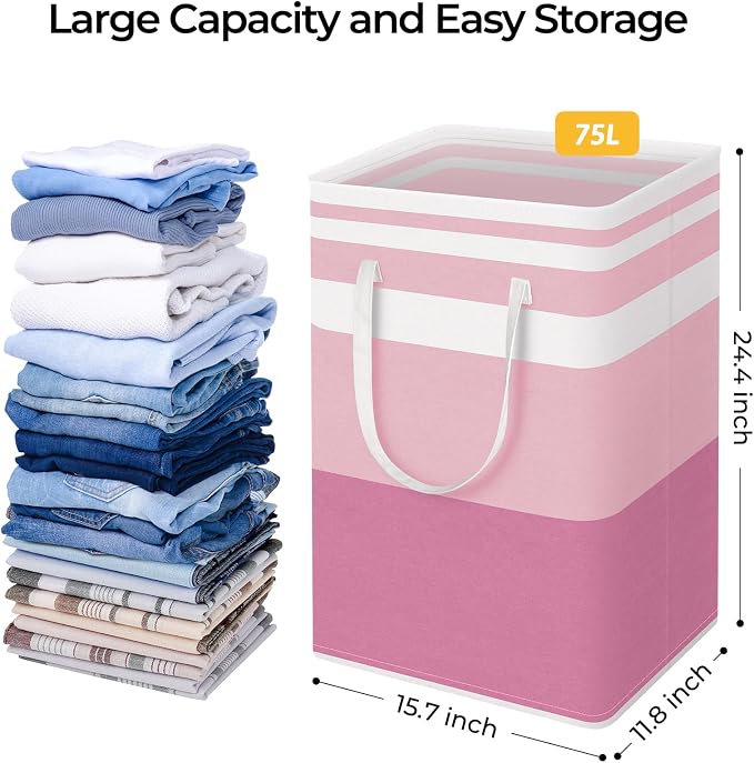 HomeHacks 2 Pack Large Laundry Baskets, Laundry Hampers Bags (Pink 75Lx2) | Waterproof, Freestanding, Collapsible Clothes Hamper with Reinforced Handles in Laundry Room, Dorm, Bathroom, Bedroom
