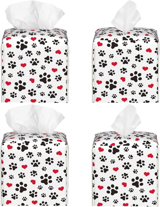 Dog Paw Cat Paw Heart Love Tissue Box Cover Square, Animal Puppy Footprints Tissue Box Holder Waterproof Leather Facial Paper Organizer Dispenser for Bathroom Home Car Nightstand Vanity Desk