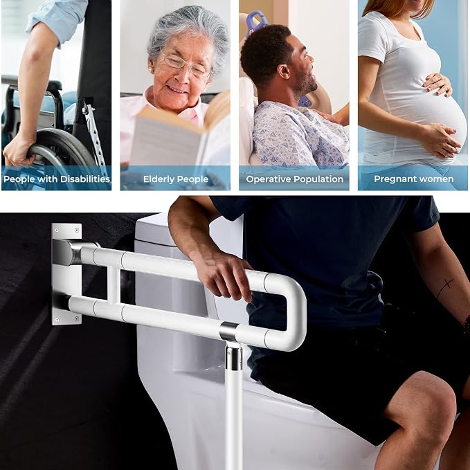 Modunful Upgraded Handicap Grab Bar for Bathroom, Flip Up Toilet Hand Rail for Elderly, Disabled, Pregnant, 23.6 Inch, White, Textured Finish, Stainless Steel
