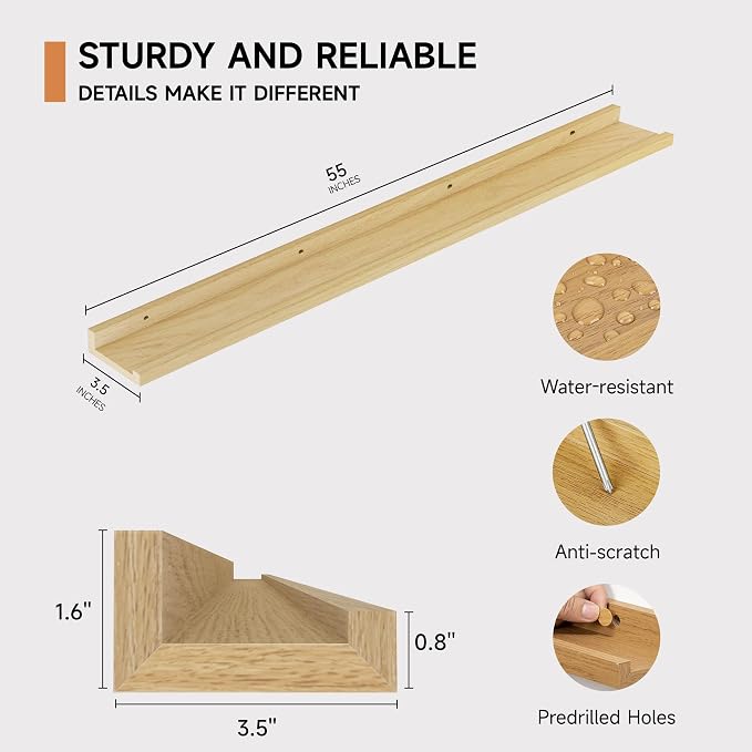 Floating Picture Ledge Shelves for Wall Set of 2, 55 Inches Picture Shelf with Ledge, Nursery Book Shelf for Toys Storage Kids Bookshelf Wall Mounted Living Room Bedroom Decor Frames, Oak