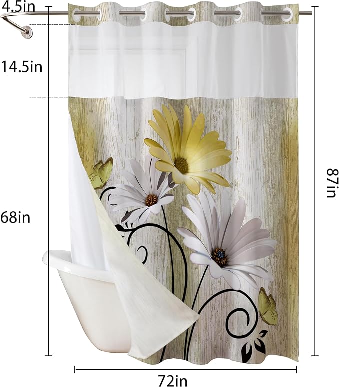 Hookless Shower Curtain with Snap in Liner, Yellow No Hook Shower Curtains for Bathroom，Shower Curtain and Liner Set for Bathroom Decor,Waterproof & Washable,72x87 Inch