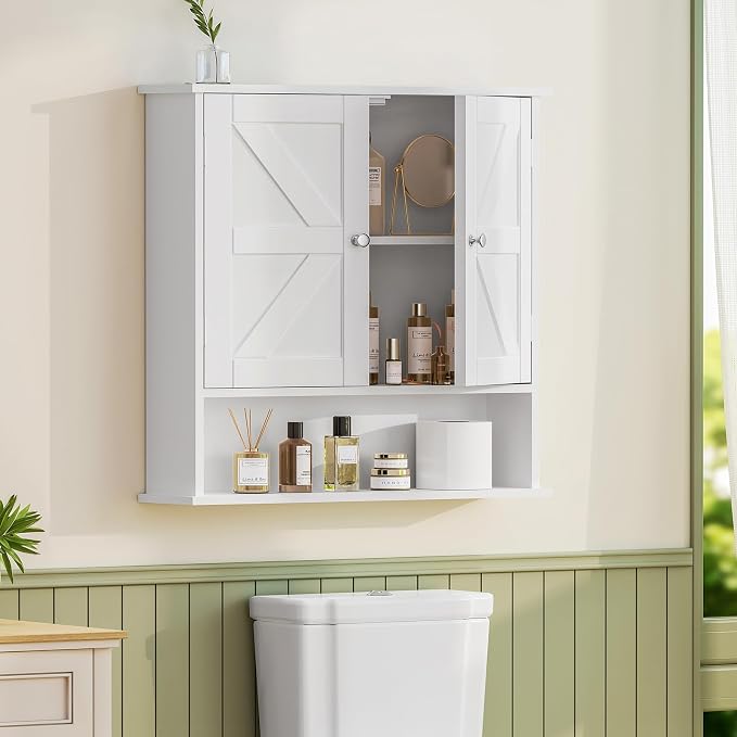 Bathroom Wall Cabinet, Bathroom Cabinet with Barn Doors & Adjustable Shelf, Over The Toilet Storage Cabinet, Medicine Cabinet, White UNGGX001WV1