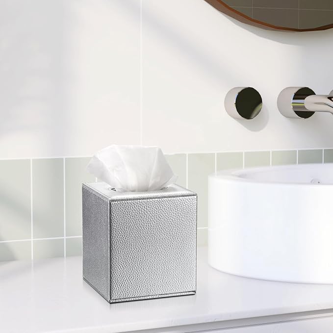 Sumnacon Tissue Box Cover Square,Magnetic Bottom Tissue Box Holder,Silver | Cube PU Leather Tissue Cover with Lychee Pattern,Decorative Tissue Box Covers for Living Room Bathroom Table Desk Office Car