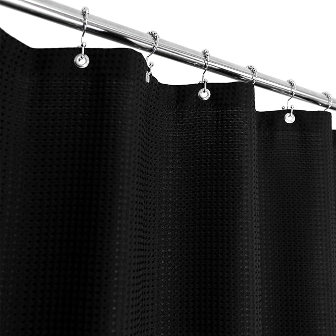 Barossa Design 71x84 Extra Long Waffle Weave Shower Curtain Black | 230GSM Heavyweight, Hotel Spa Luxury, Cloth Pique Pattern, Water Repellent, Washable
