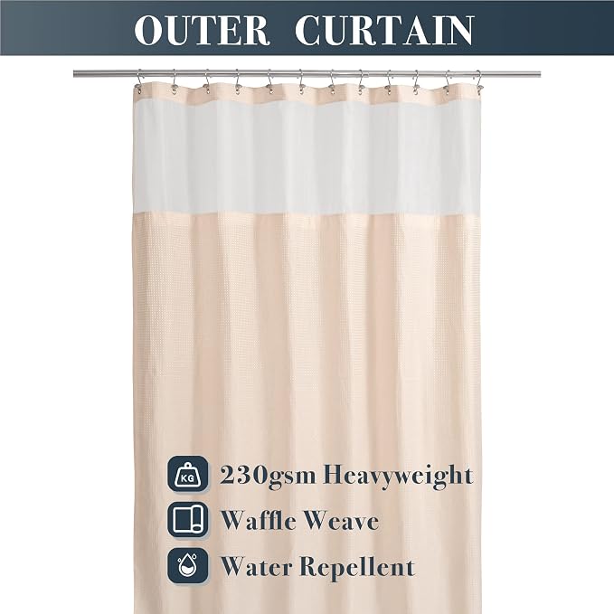 N&Y HOME Waffle Weave Shower Curtain with Snap Liner 71x72 Rosewater Pink | 12 Metal Hooks Included, Snap on Fabric Liner, Mesh Window, Washable, Hotel Style Shower Curtain Set for Bathroom