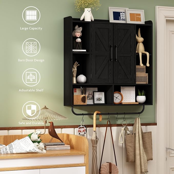 RUSTOWN Rustic Bathroom Wall Storage Cabinet with 2 Barn Doors, Black | Farmhouse Medicine Cabinet, Wall Mounted, Space Saving, 3-Tier Adjustable Shelves, Towel Bar, 5 Hooks
