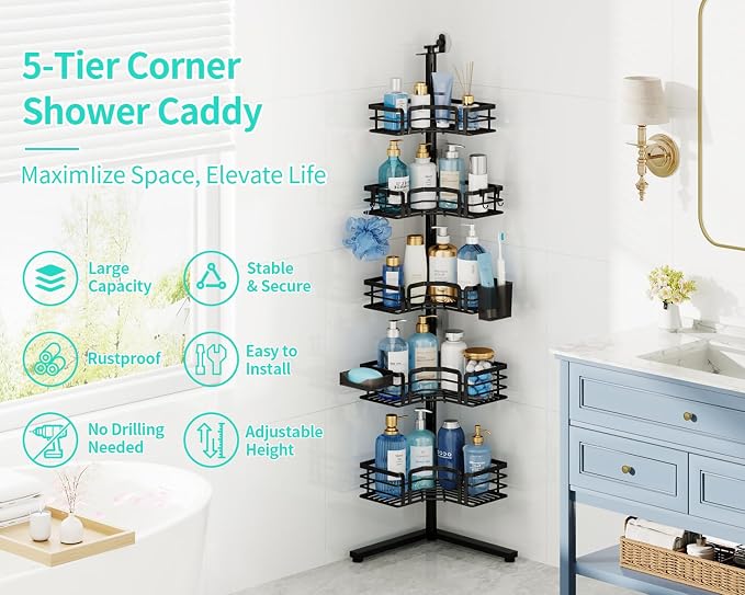 HapiRm Corner Shower Caddy Stand - 5-Tier Adjustable Shower Shelves, Black | Rustproof Stainless Steel, 4 Hooks, Soap and Toothbrush Holders, Large Capacity Shower Organizer for Tall Bottles, No-drill