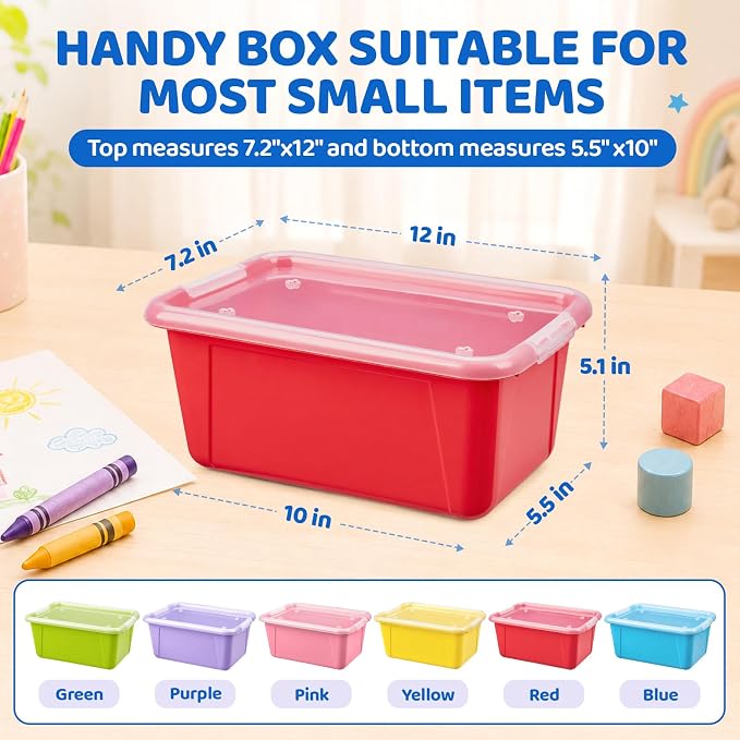 GAMENOTE 6 Quart Storage Bins with Lids, Plastic Latching Box for Classroom & Kids Toy Storage,Stackable Shoe Box Size Containers for STEM Morning Tubs, Crafts & Blocks (6, Macaron)