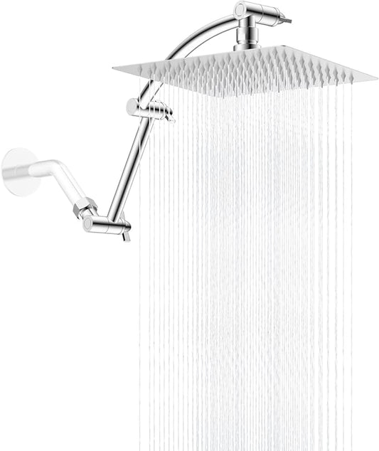 Hibbent All Metal 8'' Rain Shower Head with 16'' Extension Arm, Chrome | cUPC Certified High Pressure Rainfall Showerhead with Solid Brass Adjustable Shower Head Extension Arm, Fixed Showerheads
