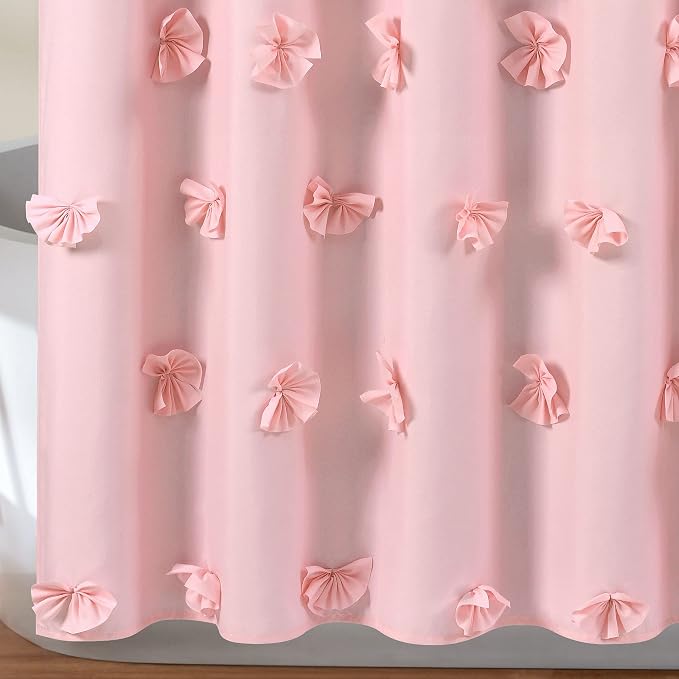 Lush Decor Riley Shower Curtain, 72" W x 72" L, Pink - Bathroom Curtain - Coquette Decor - Bow Shower Curtains - Cottage Core - Fabric Shower Curtains