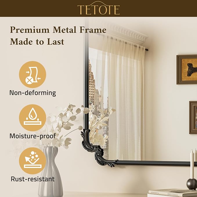 Antique Black Rectangle Mirror for Mantle Fireplace 24 x 32 Baroque Vintage Ornate Scroll Wall Mirror with Metal Frame for Traditional Victorian French Decor, Horizontal/Vertical