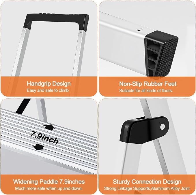 Sweetcrispy 6 Step Ladder, Folding Aluminum Step Stool, 330lbs | Stepping Stool with Anti-Slip Wide Pedal, Tool Tray, Aluminum Ladders, Safety Household Ladder for Home Kitchen Outdoor