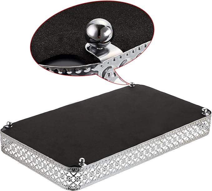 ELLDOO Silver Mirror Glass Perfume & Makeup Vanity Tray, Large Size | Hollow-Carved Jewelry Storage, Metal Trinket Organizer for Dresser Bathroom Countertop Home Decor