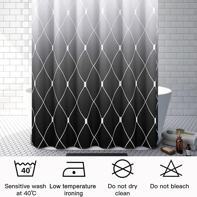 Black and White Shower Cutain Black Ombre Shower Curtains for Bathroom Geometric Fabric Bath Curtain Sets with Hooks Water Repellent 72x72 inch