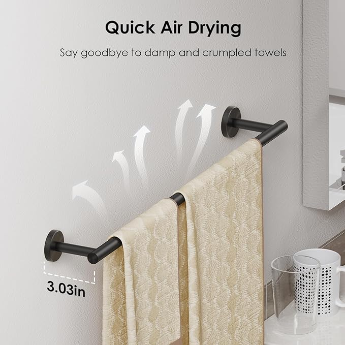 FORIOUS Bathroom Accessories, 5-Piece Bathroom Hardware Set - 24" Towel Bar | Matte Black | Towel Hooks, Towel Racks for Bathroom, Toilet Paper Holder With Shelf & Towel Ring | SUS304 Stainless Steel
