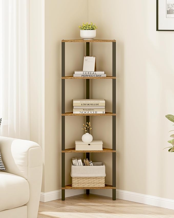 TUTOTAK Corner Shelf, 5-Tier Corner Bookshelf for Small Space | Narrow Display Corner Shelf Stand with Storage Rack, for Living Room, Bedroom, Rustic Brown BS05BB005