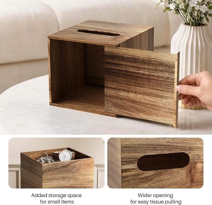 Square Tissue Box Holder with Storage Tray Tissue Box Cover, Tissues Cube Boxes Cover for Nightst, Dining Table, Dressing Table, Tea Table, Coffee Bar (Brown)