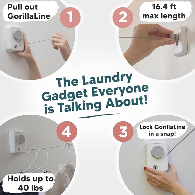 Max - Retractable Clothesline Indoor Outdoor Clothes Line - Heavy Duty Clothes Drying Laundry Line - Wall Mounted Drying Rack - Air Dry Clothing - Max Tighten with GorillaGrip