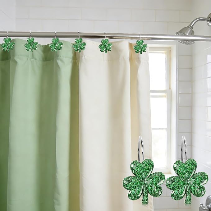 12Pcs St. Patrick's Day Glitter Shamrock Shower Curtain Hooks | Glitter Shamrock Design, Durable Resin Metal, Easy Installation, Versatile Use, and 12Pcs Set Perfect for Holiday Decor