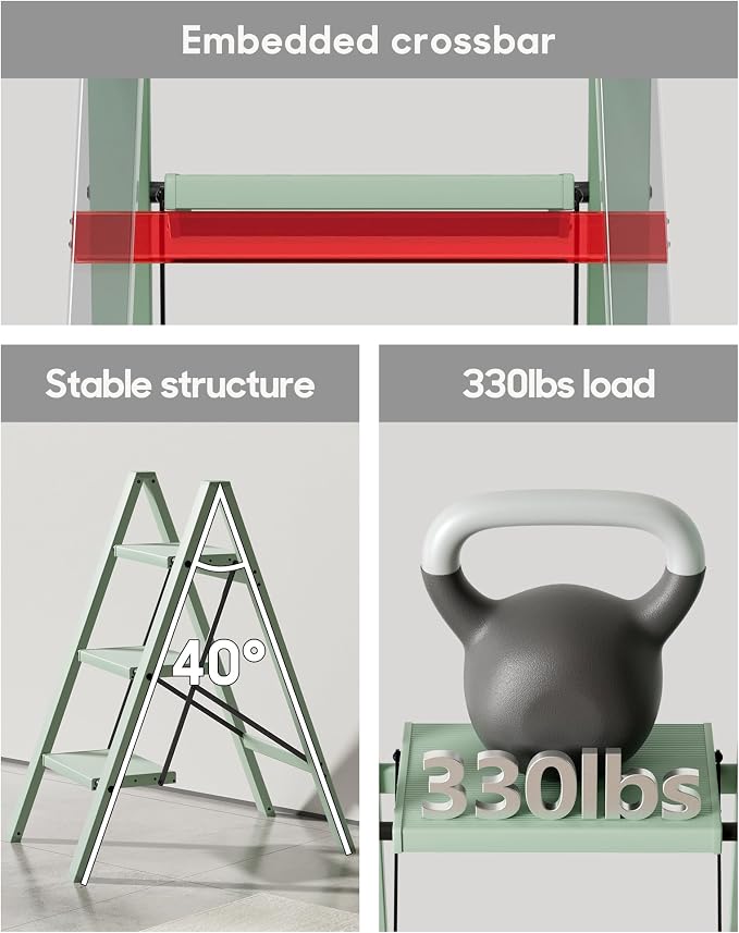 HillhutApex Aluminum Step Stool Foldable,3 Step Ladder (Pale Green) | Lightweight Portable step ladder with Anti-Slip Wide Pedal,330lbs Capacity Ladder for Household,Office,Kitchen