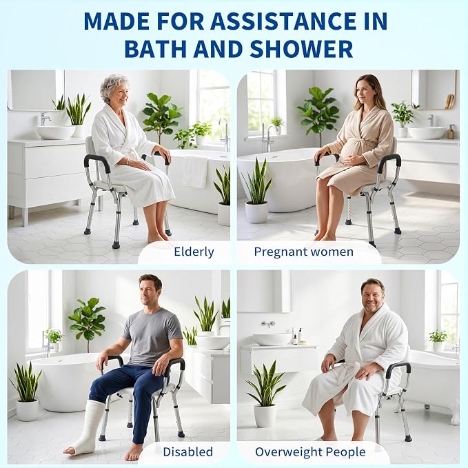 Shower Chair for Inside Shower, Adjustable Bathroom Seat with Back and Arms for Inside Tub, Bathtub Chairs for Seniors Elderly and Disabled