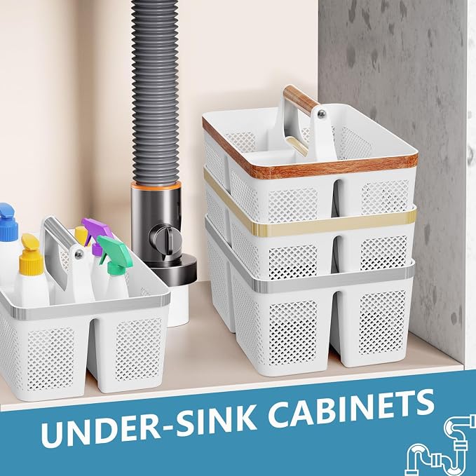 BYUNER 2Pack Shower Caddy Dorm: Portable Bathroom Caddy Organizer with Handle and Holes, Plastic Cleaning Caddy, Hard Shower Basket Storage Tote for Toiletry, College Dorm Room Essentials White/Silver