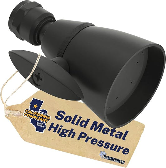 HammerHead Showers® Solid Metal 2 Inch High Pressure Shower Heads - MATTE BLACK – California Compliant 1.75 GPM Low Flow Rate - High Flow Shower Head with ADJUSTABLE SPRAY PATTERN - Fixed Shower Head